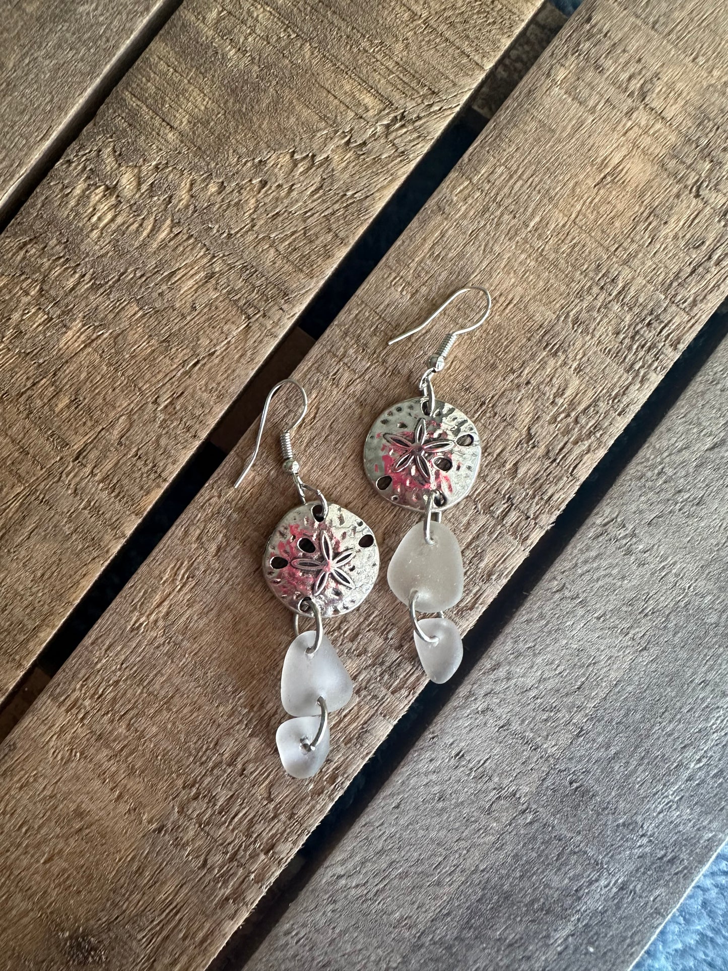White Sea Glass Sand Dollar Charm Drop Earrings