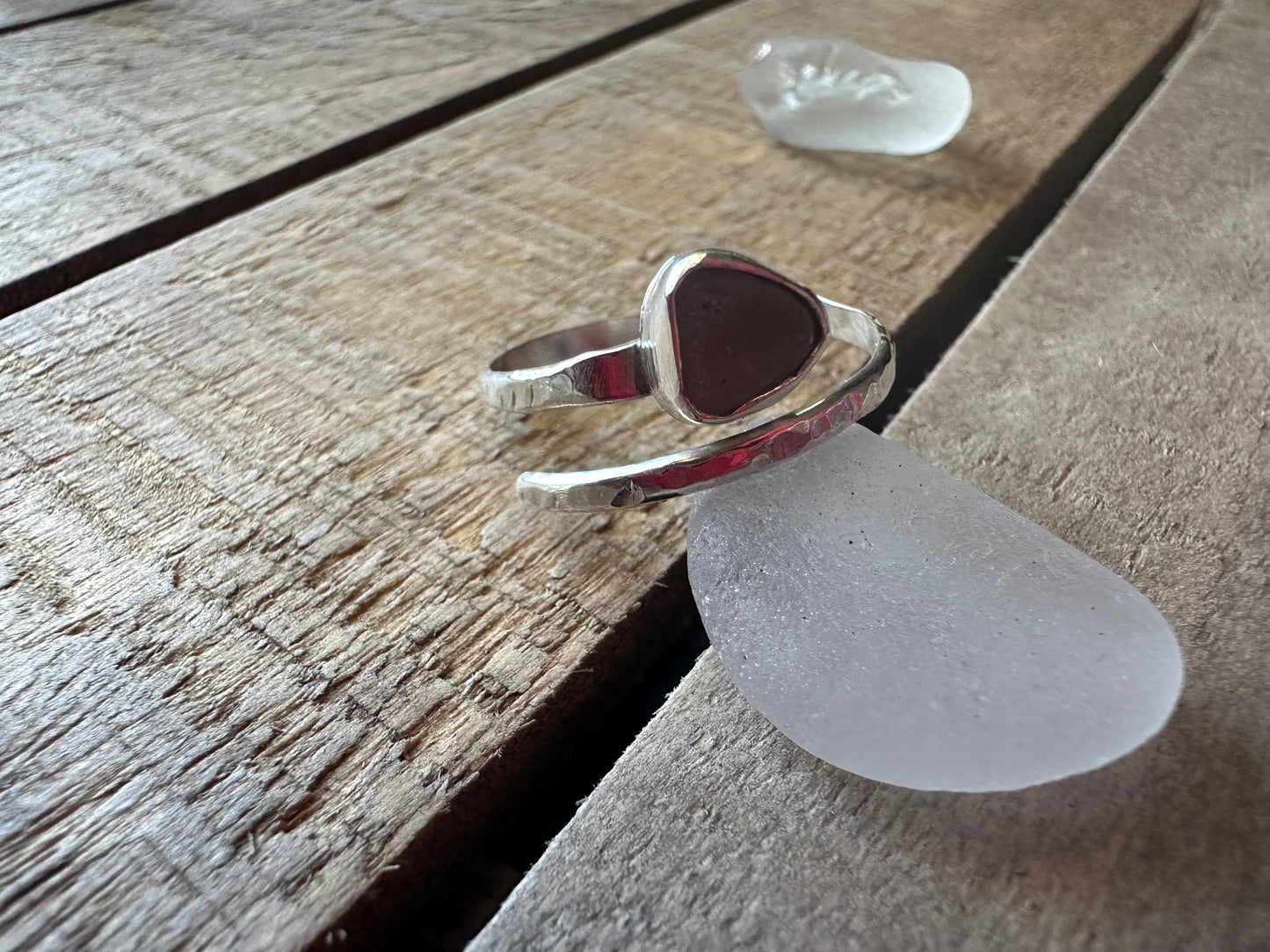 White hammered adjustable Seaglass Ring