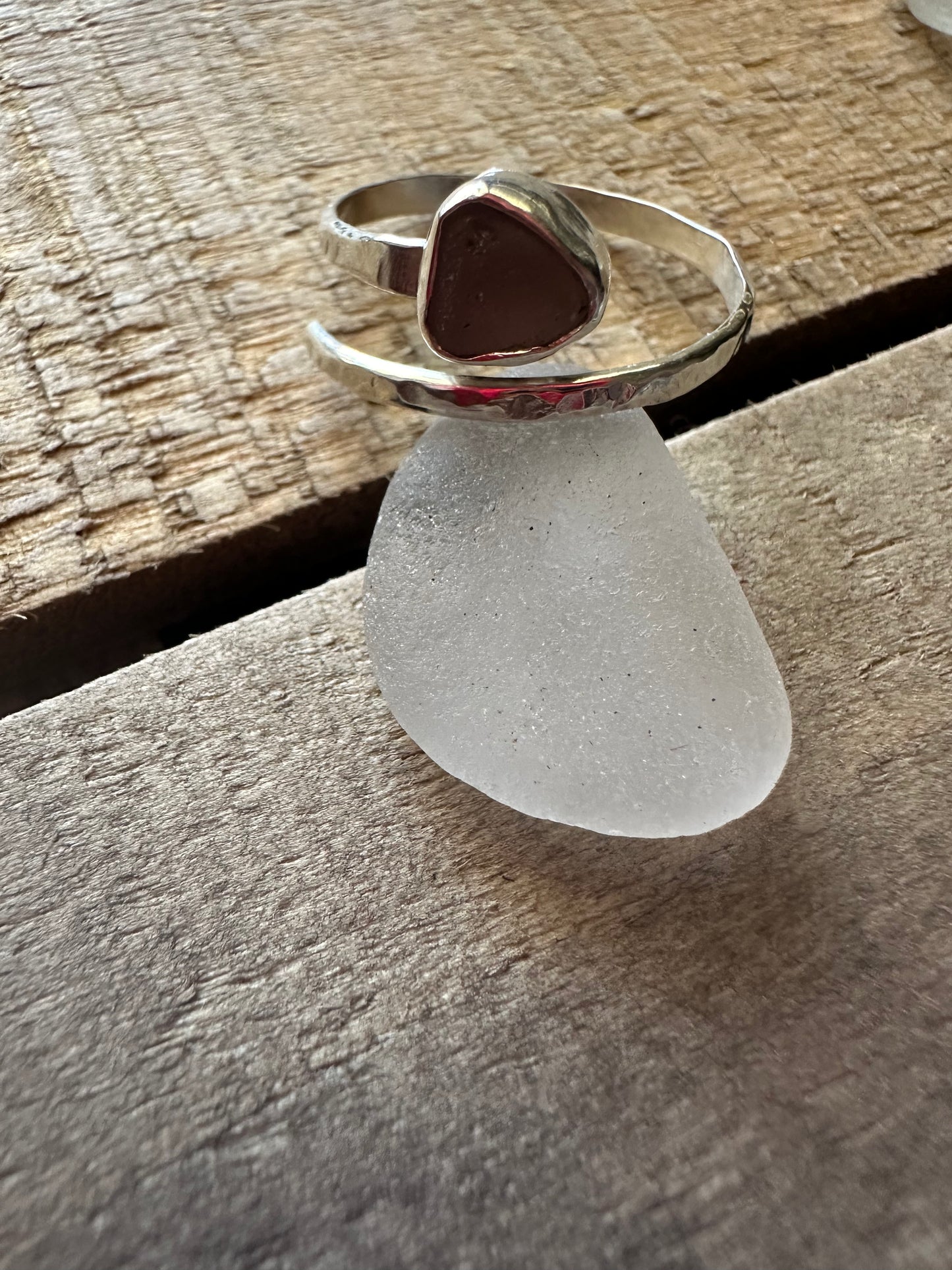 White hammered adjustable Seaglass Ring