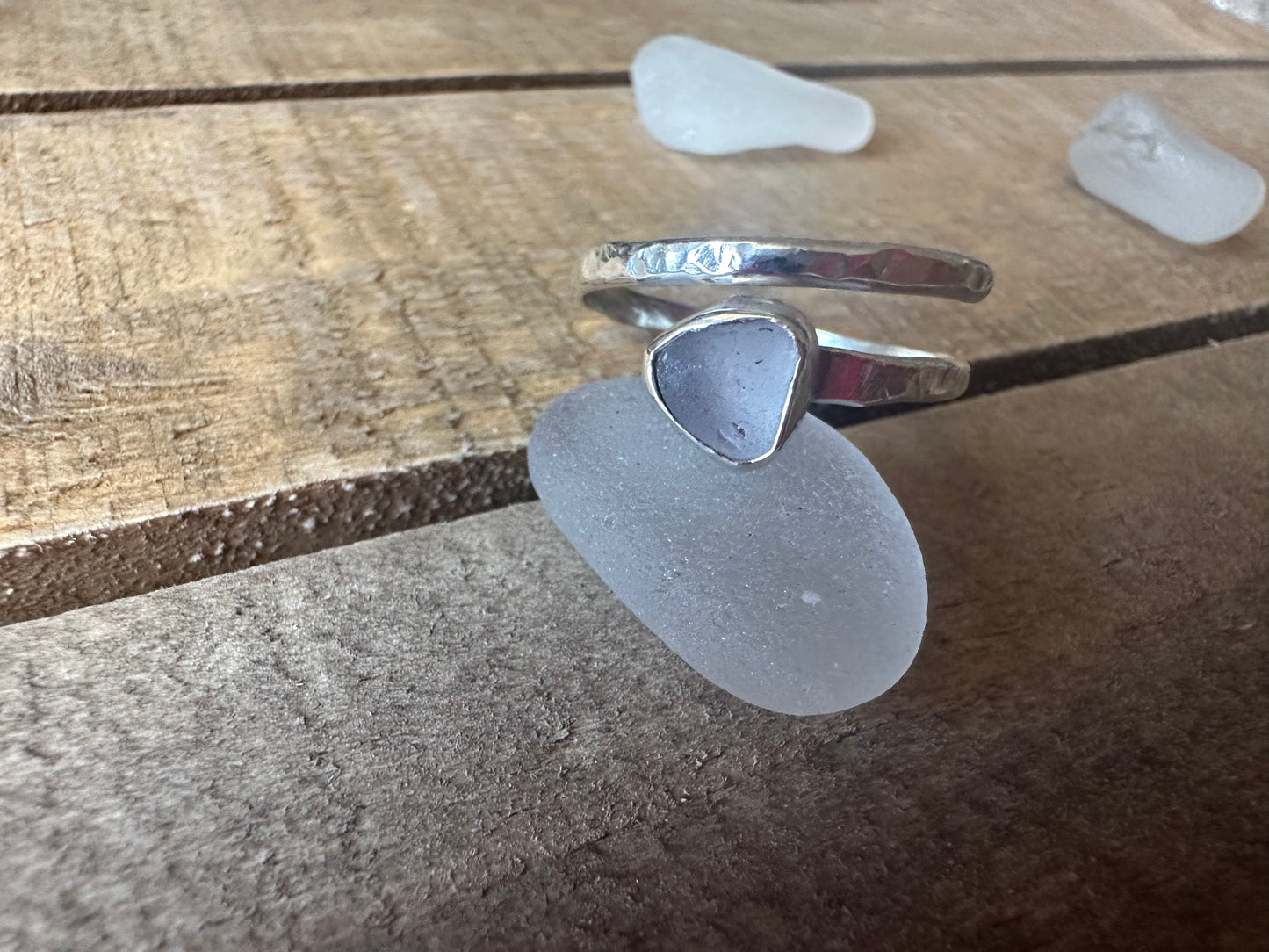 White hammered adjustable Seaglass Ring