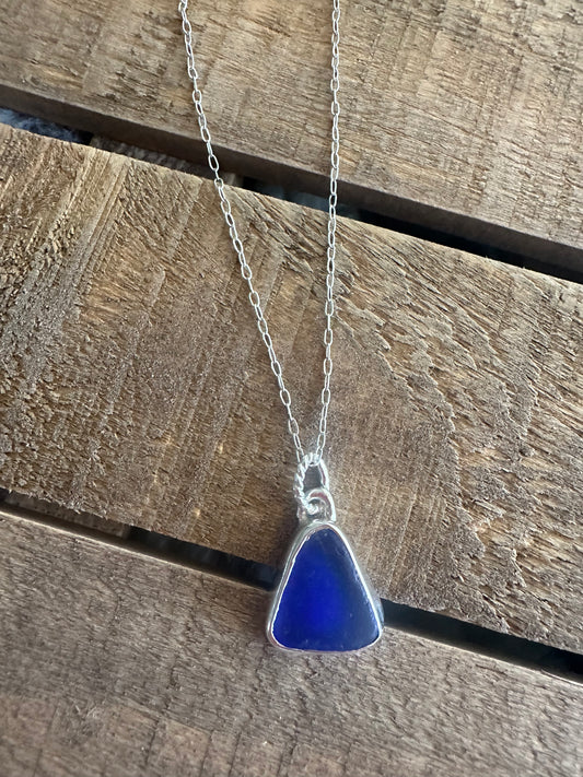 Cobalt blue seaglass Pendant with cross stamp